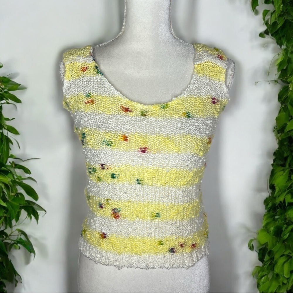 Vintage 70s Miss Sparks UK Crochet Knit Tank Top Yellow Striped Mod S